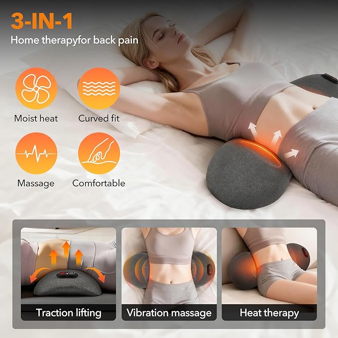 Electric Lumbar Massager Support Pillow 3 in 1 with Adjustable Height for Bed and Chair, Back Massager with Heat, Massage for Pain Relief Deep Tissue, Waist Wedge Bolster