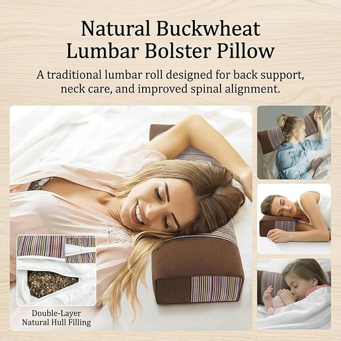 Adjustable Buckwheat Hull Pillow for Neck Pain Relief (21x8x4in) Natural Cooling Cervical Support Bed Pillow for Side & Back Sleepers with Night Sweats (Brown)