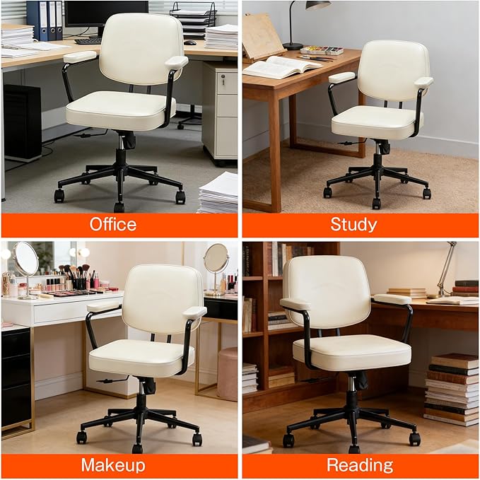 Home Office Chair, Ergonomic Desk Chair with Lumbar Support, Adjustable Height Rolling Swivel Task Chair with Armrests, PU Leather, for Meeting,Study Room Beige