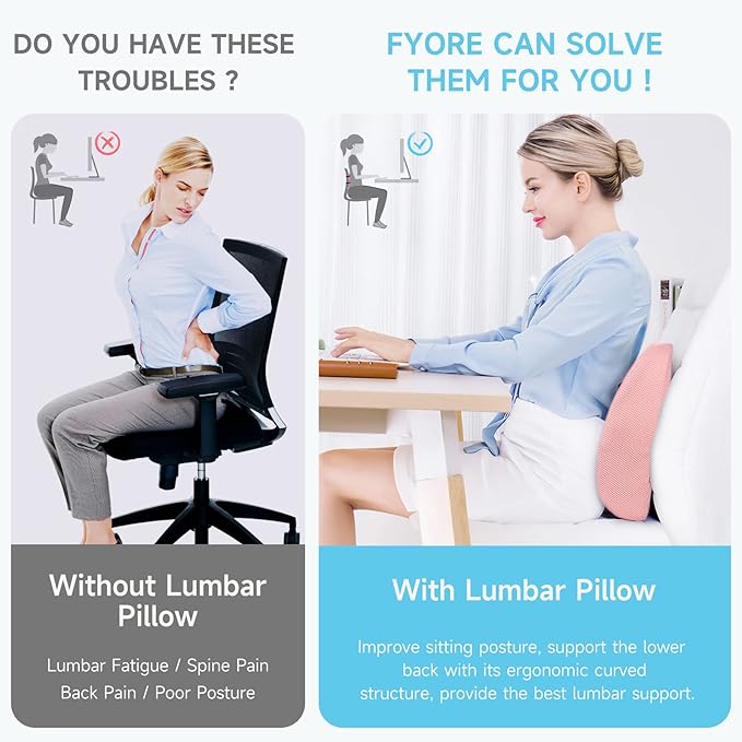 Fyore Lumbar Pillow Memory Foam Back Support Cushion with Anti-Slip Particles Designed for Lower Back Pain Relief Back Pillow 2 Adjustable Straps for Computer/Office Chair,Car Seat,Recliner(Pink)