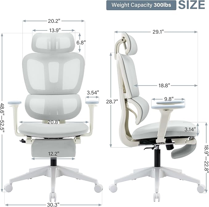 Ergonomic Office Chair with Footrest, 90-135° Reclining High Back Desk Chair with Lumbar Support, 2D Headrest, 2D Armrests, Computer Chair for Long Hours, Light Grey