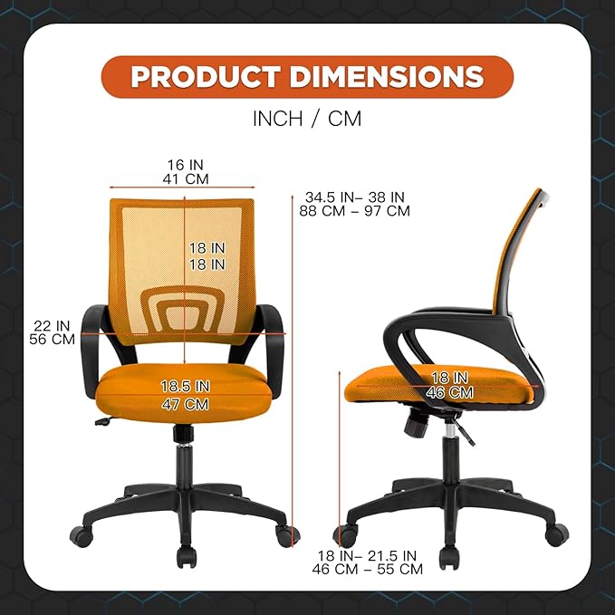 Ergonomic Office Desk Chair - Mesh Computer Task Swivel Chair with Lumbar Support, Modern Executive Adjustable, Orange