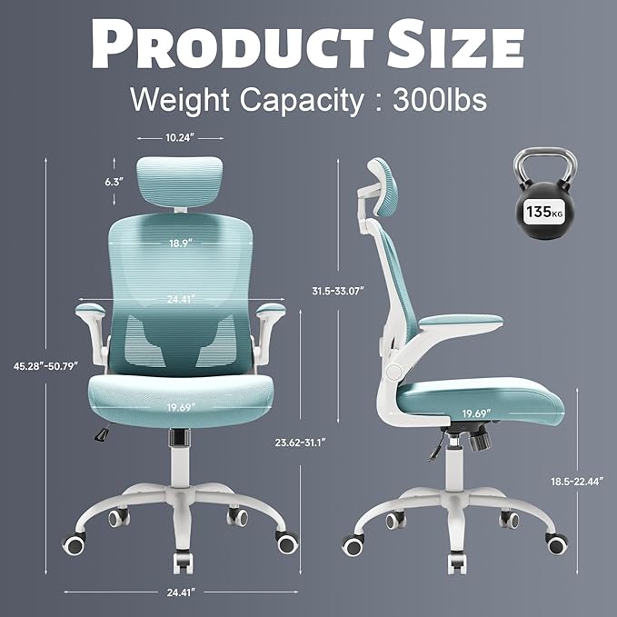 Office Computer Desk Chair - Lumbar Support and Headrest, Ergonomic Mesh Back Swivel Task Chair,Flip-Up Arms for Desk Work, 90-120° Tilt Rolling Chair for Home Office(White-Blue6076)