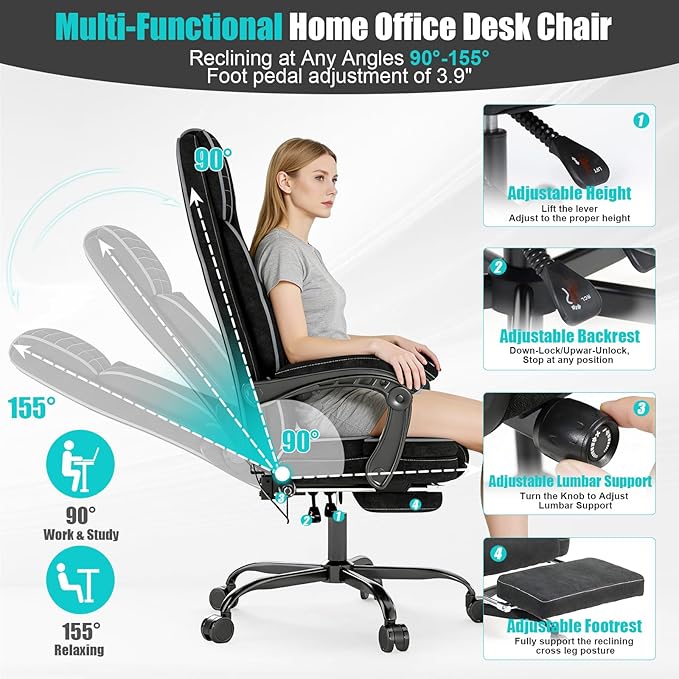 Executive Office Chair with Footrest, Ergonomic Reclining Computer Desk Chair with Adjustable Lumbar Support, 360° Swivel, Breathable Fabric, 400lbs Capacity for Home & Office