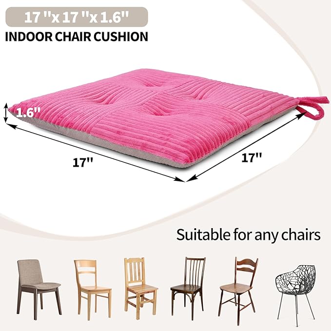 Office Stacking Chair Cushions 4 Pack, Corduroy High Density Foam Kitchen Seat Cushions with Ties, Square 17" x 17" Indoor Non-Slip Dining Chair Pads, Pink, 4pcs