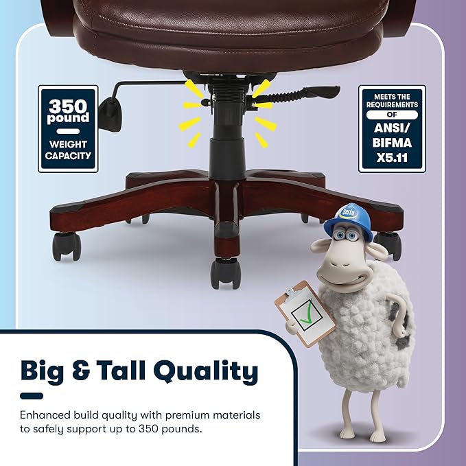 Serta Conway Big & Tall Executive Office Chair, Ergonomic High-Back with Adjustable Lumbar, Semi Plush Cushion and Body Pillows, Padded Armrests, Wooden Swivel Base, Bonded Leather, Chestnut Brown