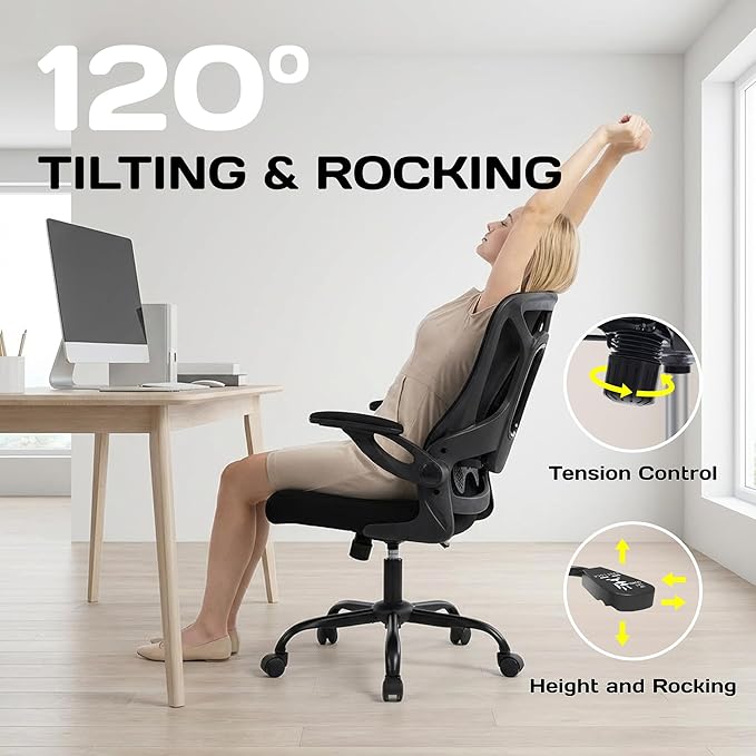 Ergonomic Office Chair, 300 lbs Heavy Duty Mesh Computer Chair with Adjustable Lumbar Support, 90° Flip-up Arms Space Saving Desk Chair, Mid Back Breathable Task Chair for Home Office, Black
