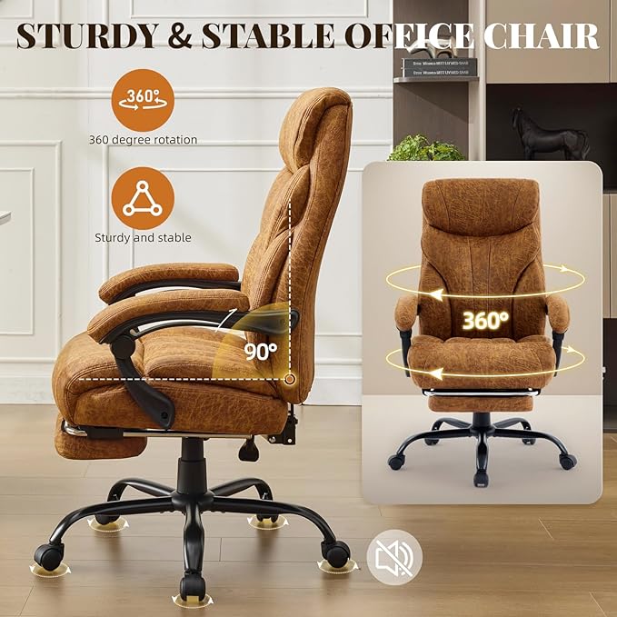 Garvee Comfortable Office Desk Chair 500 LBS, Big and Tall Office Chairs with Adjustable Flip-up Armrests,100-118°Recline Executive Leather Gaming Chair for Heavy People, Long Hours,Brown