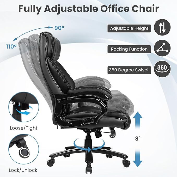 Giantex Big and Tall Office Chair 500lbs, Heavy Duty Executive Office Chair with 6 Massage Points, Extra Wide Seat, High Back Ergonomic Leather Reclining Swivel Computer Chair, Home Office Desk Chairs