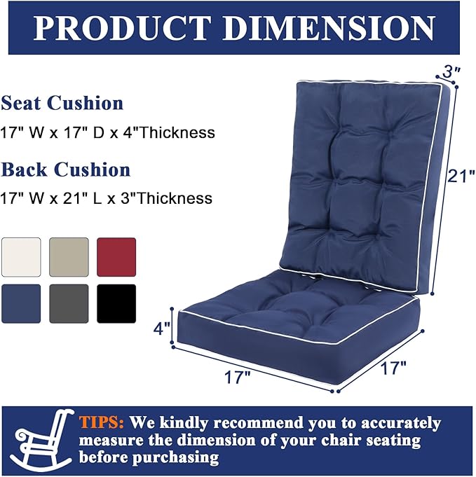 Topotdor Rocking Chair Cushions Indoor, Tufted Rocking Chair Seat Cushion for Patio Furniture, Water Resistant Rocking Chair Pads with Ties for Nursery Balcony Chair, Blue