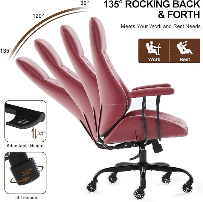 E-Motie Office Chair with Rubber Wheels, Ergonomic Computer Chair 500 lbs, Leather Desk Chair with Lumbar Support, Executive Chair Adjustable Height & Recline, Red