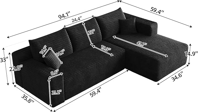 94" Boneless Couches with Right Facing Chaise for Living Room,Corduroy Sectional Couch,L-Shape Cloud Couches Compressed Memory Foam Cloud Sofa,No Assembly Required,Black