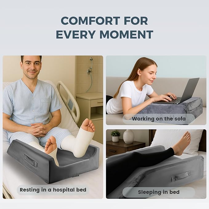 3-Height Adjustable Wide Leg Elevation Pillows for After Surgery or Sleeping, Memory Foam Support for Both Legs, Knee & Ankle Wedge for Swelling & Circulation, Removable Washable Velvet Cover