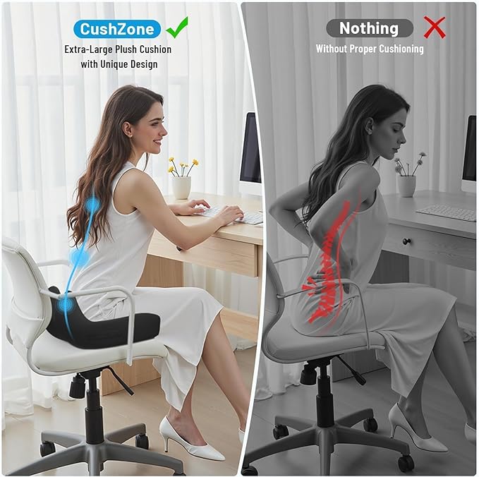 Cushzone Seat Cushion, Memory Foam Office Chair Cushions, Ergonomic Curved Design for Sciatica, Tailbone, Coccyx, Seat Support for Car, Desk Chair, Wheelchair, Enhances Long Sitting Comfort (Black)