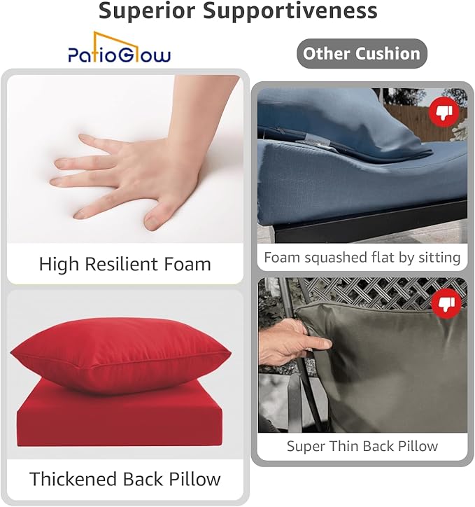 PatioGlow Outdoor Seat Cushion Set 22 x 22 x 4 Inch, Waterproof & Fade Resistant Patio Furniture Cushions with Removable Cover and Ties, Thick Deep Seating Pads for Outside Chair Sofa Couch, Red