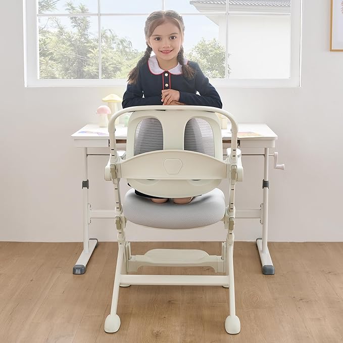 ERIYA Kids Desk Chair,Ergonomic Chair: Breathable Mesh Back, Adjustable Seat, Flip-Up Armrests, Footrest, Lumbar | Ideal for Kids, Petite Adults – Ultra-Comfy for Study/Work (Grey)