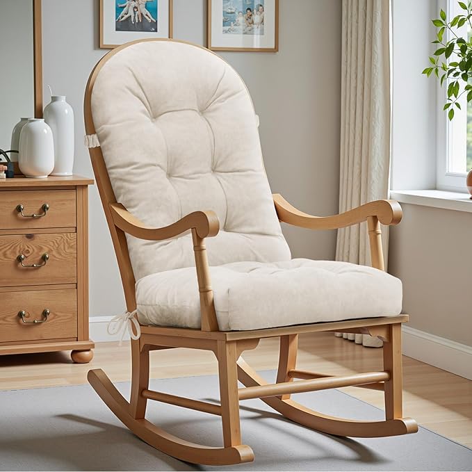 Rocking Chair Cushion - Velvet Fabric, High-Density Sponge, Durable Comfort Non-Slip Bottom Tufted Seat Pads with Ties, Velvet︱Oyster White, 44x19x4 inch