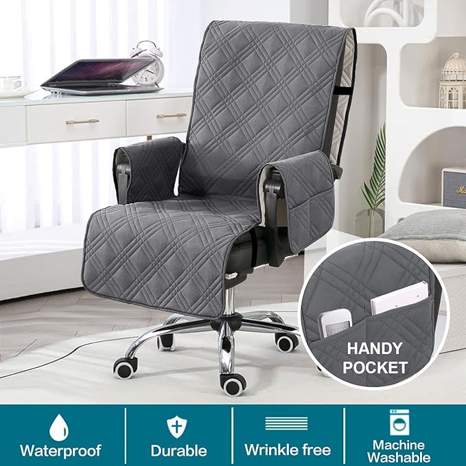 Turquoize Waterproof Office Chair Cover with Armrest Covers Gray Computer Desk Chair Cover Protector with Arms Soft Durable Office Chair Seat Slipcover with Anti-Slip Buckle for Home Office, Gray