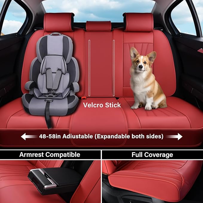 Coverado Car Seat Covers Full Set, 5 Piece Car Seat Protector with Lumbar Support & Removable Headrest, Breathable Leather Front Rear Seat Cushion Universal Fit for Truck Automotive Red