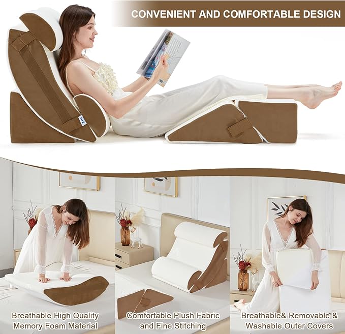 Lazyzizi 6pcs Orthopedic Bed Wedge Pillow Set, Memory Foam Wedge Pillow for Sleeping, Knee, Lumbar and Back Pain Relief Adjustable Bed Pillow - Acid Reflux, Anti Snoring & GERD Sleeping, Brown
