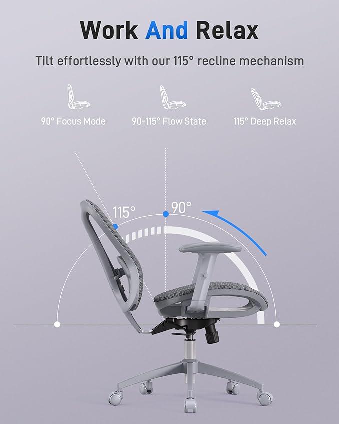 amseatec Ergonomic Office Desk Chair, Comfortable Computer Gaming Chair, Breathable Mesh Back & Seat, Adjustable Armrest, Lumbar Support, Butterfly Design for Home Office (Gray)