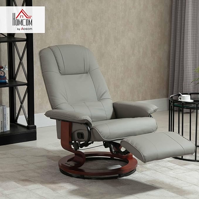HOMCOM Swivel Recliner Chair, PU Leather Reclining Armchair with Retractable Footrest, Lounge Chair with Wood Base and Adjustable High Back for Small Spaces, Living Room, RV, Bedroom, Gray