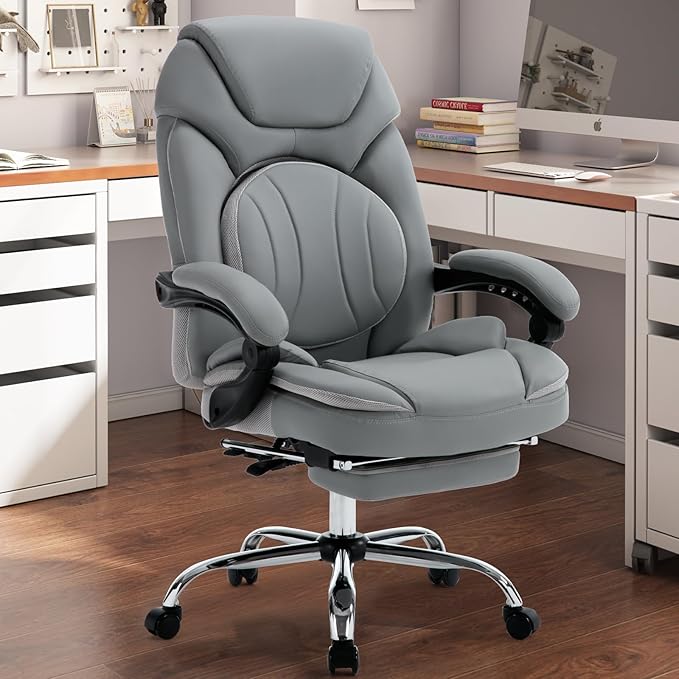 Ergonomic Fully Reclining Office Chairs with Back Support Footrest, PU Leather Wide Seat Comfortable Recliner Office Desk Chair with Leg Rest, Grey