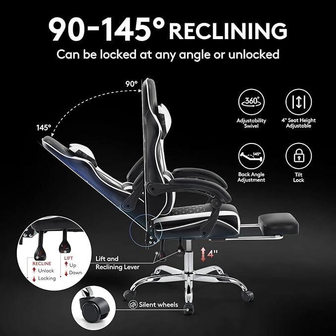 Gaming Chair,Computer Office Chair with Footrest,Massage Lumbar Support and Gel Pad,Ergonomic Reclining Adjustable Leather Gamer Chair with Headrest and Spring Cushion Black White
