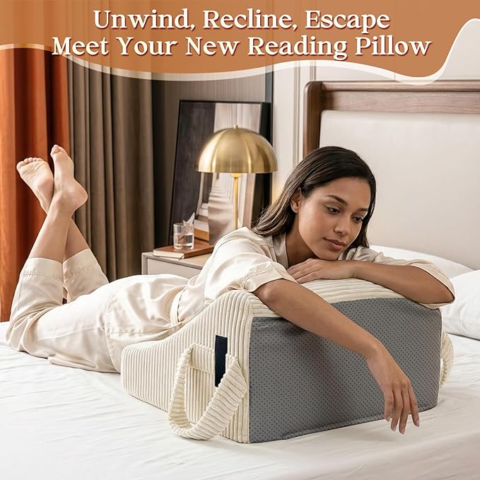Reading Pillow/Backrest Pillow with Arms, Cup Holder & Phone Pocket - Bed Rest Pillow with Adjustable Headrest, Corduroy Fabric for Back Support in Bed/Sofa/Floor (Off-White, 21 INCH)