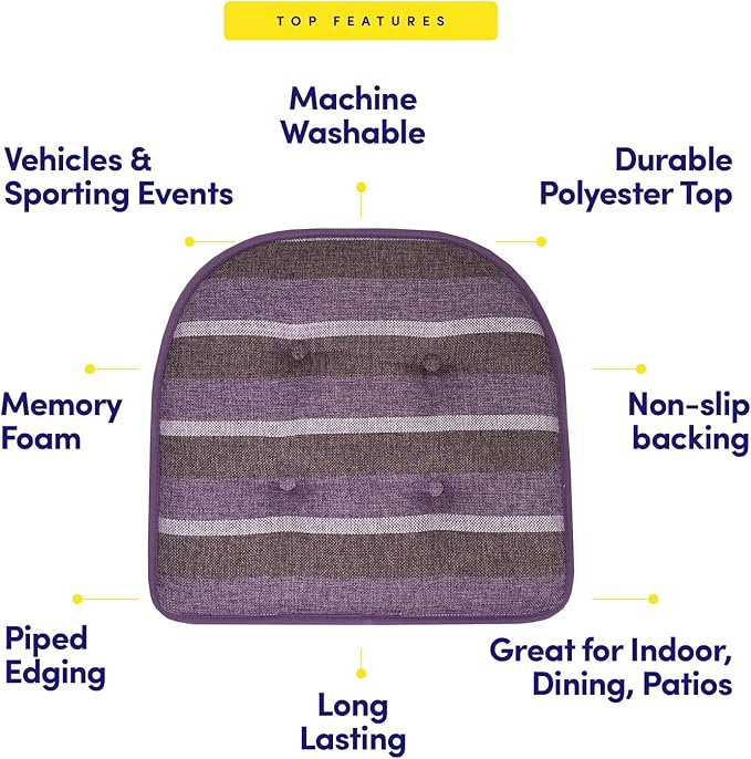 Sweet Home Collection Chair Cushion Memory Foam Pads Tufted Slip Non Skid Rubber Back U-Shaped 17" x 16" Seat Cover, 12 Count (Pack of 1), Bradford Purple
