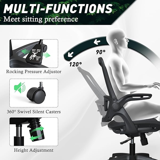Mesh Seat Home Office Desk Computer Chair, Black, Height Adjustable Back Support with Flip Up Arms, Swivel Wheels for Adult