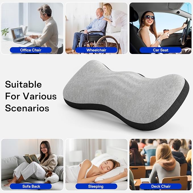 Lumbar Support Pillow for Bed, Lower Back Pillow for Sleeping, Memory Foam Waist Pain Relief Pillows, Lumbar Pillow for Sleeping, Bed, Car, Couch (Grey Black)