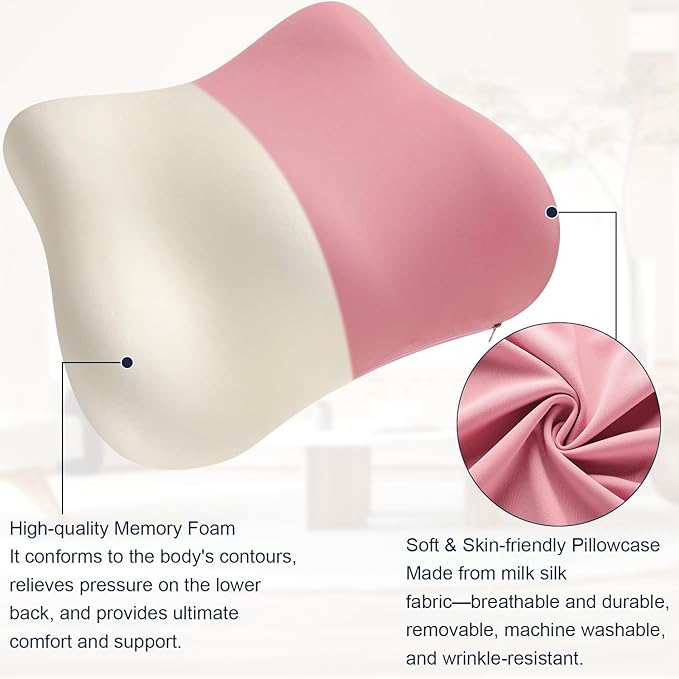 Pink Lumbar Support Pillow for Office Chair and Car Seat Soft Memory Foam Lumbar Pillow with Breathable Removable Cover Lower Back Pain Relief & Posture Support