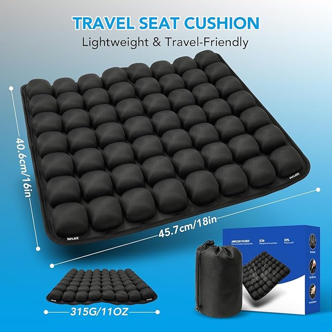 Inflatable Seat Cushion 56 Air Bubble Cell Advanced Pressure Relief for Office Chair, Car, Wheelchair, Long Sitting & Travel – Tailbone, Hemorrhoid & Sciatica Pain Relief Pillow