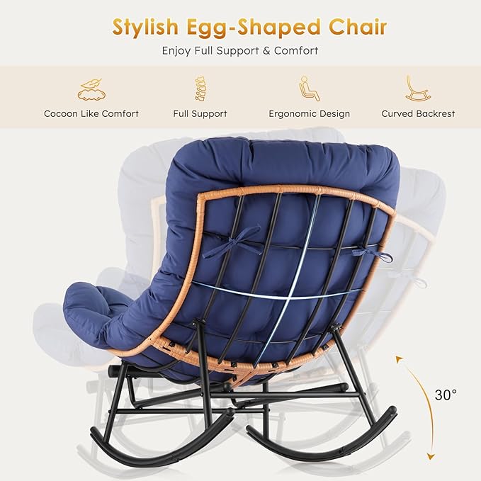 Jojoka Oversized Papasan Rocking Chair with Detachable Foot Rest, PE Rattan Rocker with Thick Removable Cushion, Metal Frame Lounge Chair for Indoor Outdoor Patio Garden Porch Living Room