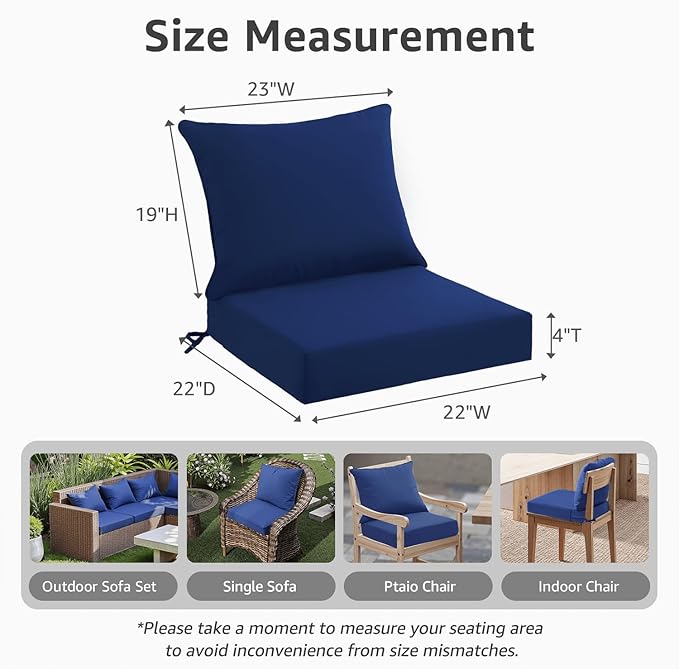 PatioGlow Outdoor Seat Cushion Set 22 x 22 x 4 Inch, Waterproof & Fade Resistant Patio Furniture Cushions with Removable Cover and Ties, Thick Deep Seating Pads for Outside Chair Sofa Couch, Blue