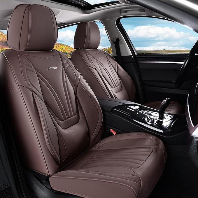 Coverado Car Seat Covers Front Seats, 2 Piece Car Seat Protector with Lumbar Support & Removable Headrest, Breathable Leather Seat Cushion Universal Fit for Truck Automotive Vehicles Brown