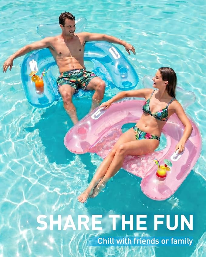 HLDIRECT Inflatable Pool Floats Adult, Floating Pool Chair with Cup Holders for Swimming Pool, Water Chair Pool Lounger with Handles & Ergonomic Headrest for Party Summer Water Fun