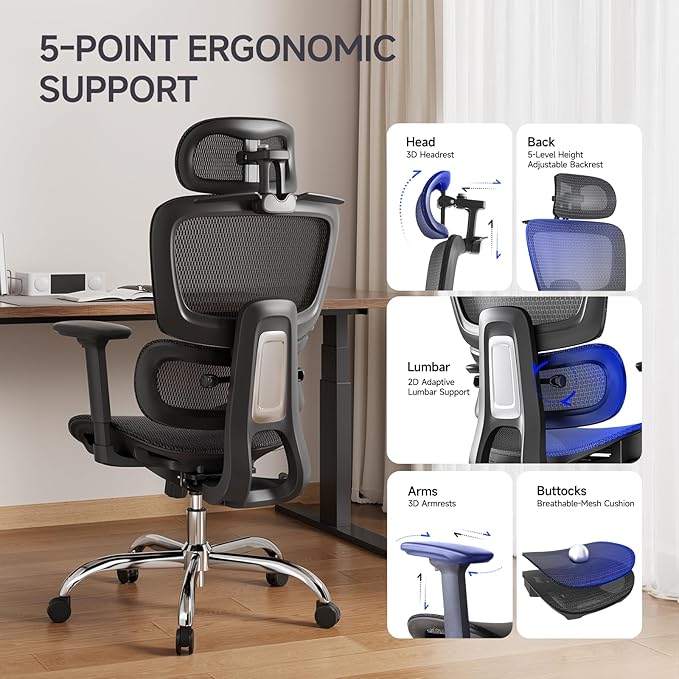Ergonomic Office Chair with 3D Headrest, Computer Chair with Adjustable Backrest & 3D Armrest, Gaming Chair with Adaptive Lumbar Support, Mesh Backrest & Cushion, Black