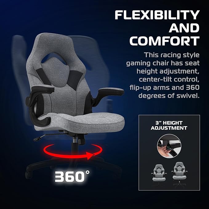 RESPAWN 3085 Ergonomic Gaming Chair for Adults, High Back Office Chair with Headrest and Flip Up Arms, Leather Racing Style Gaming Seat with Lumbar Support, Video Game Computer Desk Seat - Gray Fabric