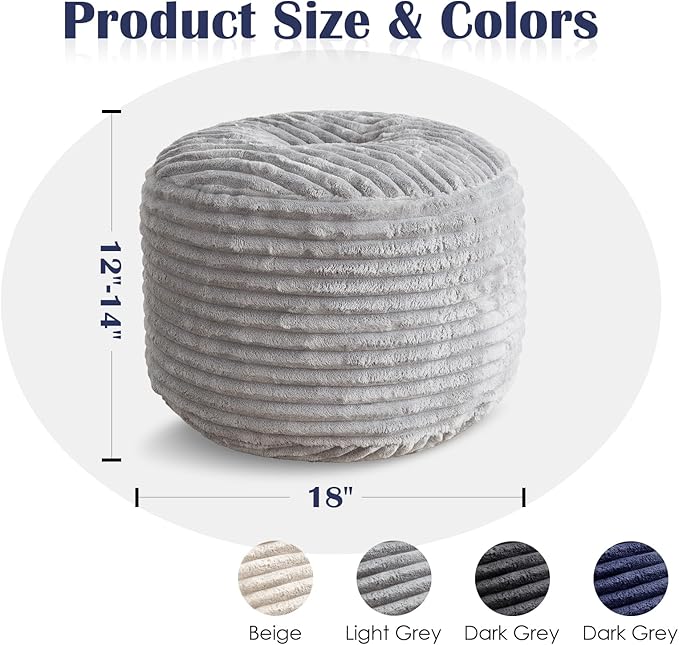 SHOUREN Stuffed Round Ottoman,Corduroy Pouf Ottoman Foot Rest with Foam Filling,Pouf Storage Ottoman Footstool for Living Room,18 X 14 Floor Poufs for Couch - 18 X 14 Inches,Light Grey