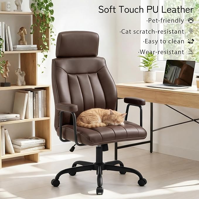 Furniliving Leather Office Chair with Adjustable Headrest, Mid-Century Modern High-Back Office Desk Chair, Ergonomic Computer Chair with Wheels, Armrests, Lumbar Support, Dark Brown