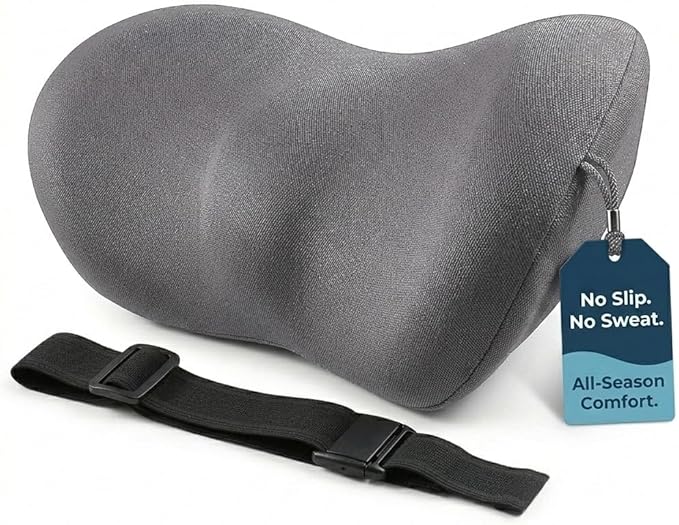 Lumbar Support Pillow for Car with Dual-Grip Stability System - Advanced Adaptive Memory Foam Back Pillow for Lower Back Pain Relief, Ergonomic Driving Seat & Office Chair Cushion, Gray