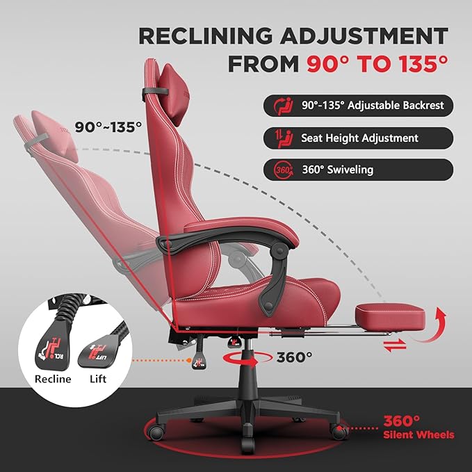 Ferghana Vintage PU Leather Gaming Chair, Ergonomic Gamer Chair with Massage, High Back Computer Office Chair with Footrest for Adults, Racing Style Reclining Video Game Chair (Red)