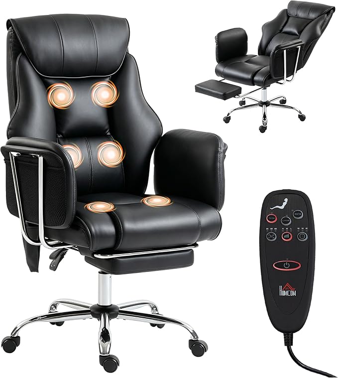 HOMCOM Massage Office Chair with 6-Point Vibration, Overstuffed Reclining Desk Chair with High Back, PU Leather, Footrest, Thick Spring Cushion, Lumbar Support, Adjustable Height, Swivel Wheels, Black
