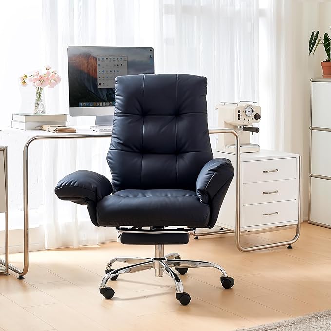 EMIAH Criss Cross Chair with Wheels Office Chair with Foot Rest and Flip-up Arms Reclining Desk Chair Comfy PU Leather Rolling Computer Home Office Chair (Black)