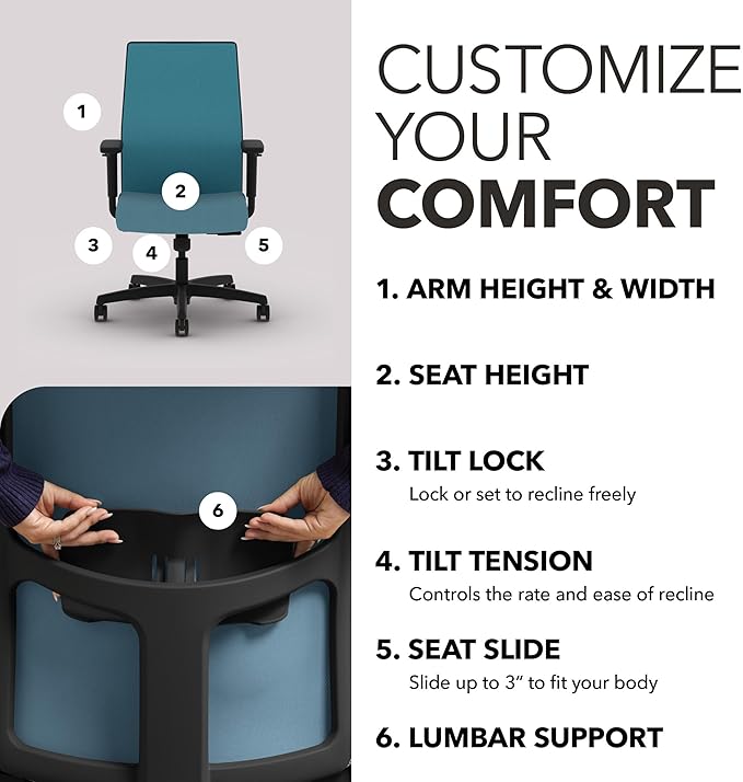 HON Ignition 2.0 Mid Back Task Chair, Spectrum Mesh, Standard Synchro-Tilt Control, Office Chair with Lumbar Support, Height and Width Adjustable Arms, Black Frame, Sky