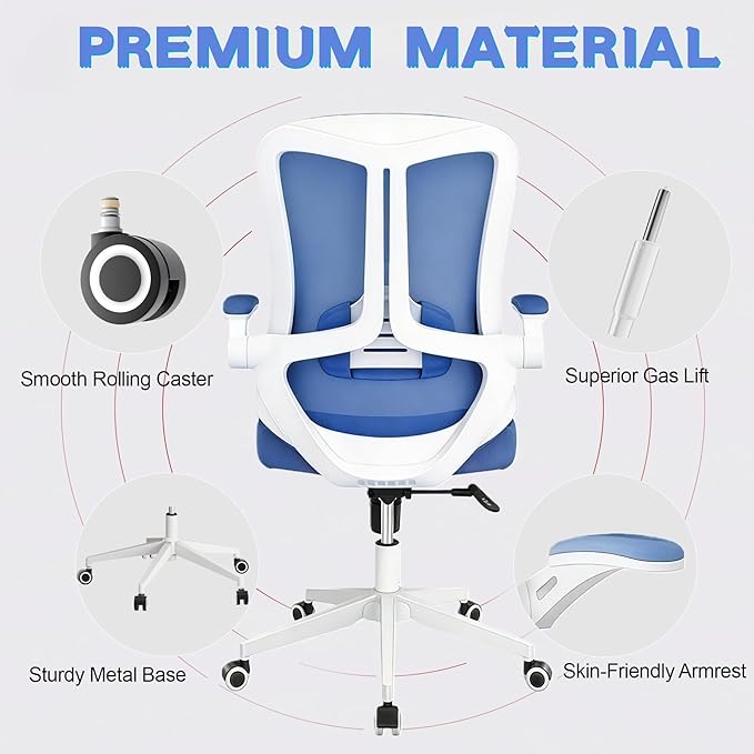 Ergonomic Office Chair - 350LB Comfy Desk Chairs with Lumbar Back Support, Mesh Computer Chairs with Wheels and Arms for Home Office, Study (Blue-Without Headrest)