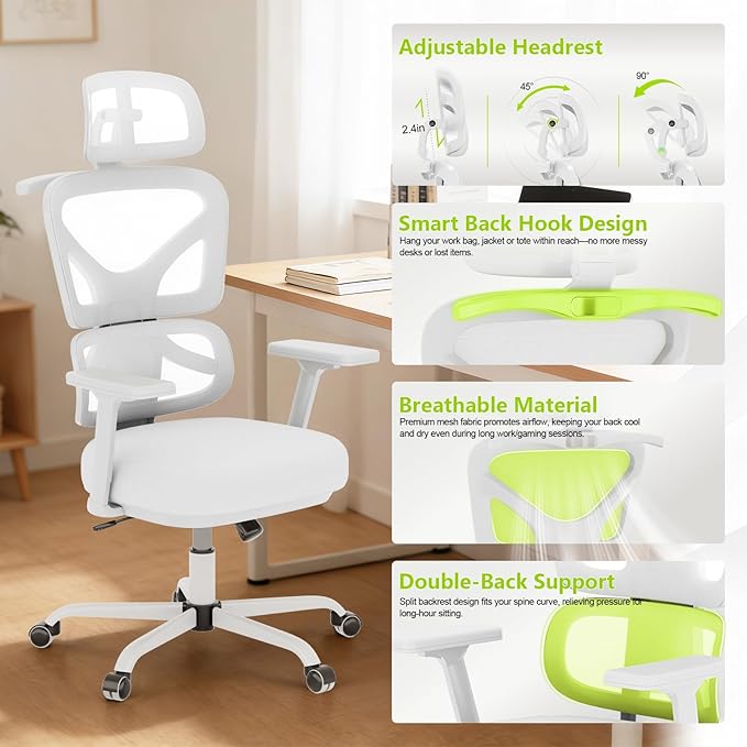 Ergonomic Office Chair Mesh Desk Chair with Lumbar Support and Headrest, High Back Computer Chair with Armrest and Tilt Lock, Home Office Desk Chairs for Men Women
