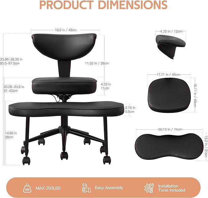 Ergonomic Cross Legged Office Chair with Lumbar Support, 360° Swivel Meditation Chair with Wheels - Adjustable Height for ADHD Desk & Yoga, Wide Criss Cross Chair, Kneeling Chair for Home, Black